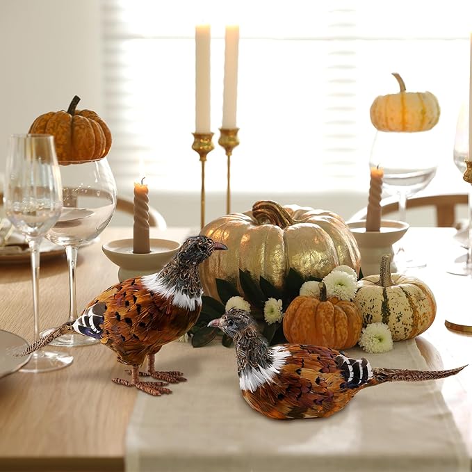 Nature Vibe Feathered Pheasant Decor Set of 2,Simulation Woodland Animals Figurines with Natural Pheasant Feathers as Fall Home Decor or Gifts for Autumn Harvest Festival