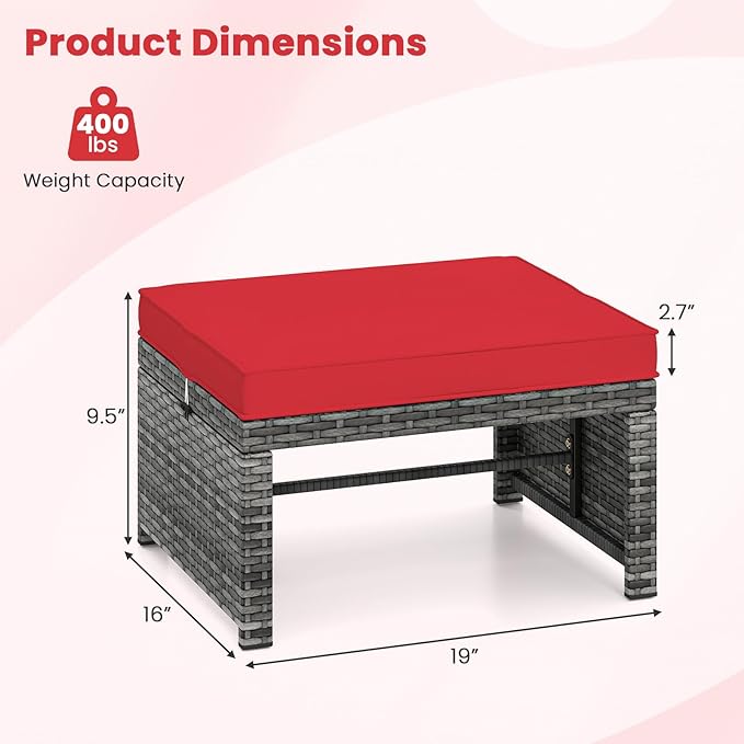 Tangkula 2 Pieces Patio PE Rattan Ottomans, Multipurpose Outdoor Footstool Footrest Additional Seating Side Table with Soft Zippered Cushions for Deck, Garden, and Yard (Red)