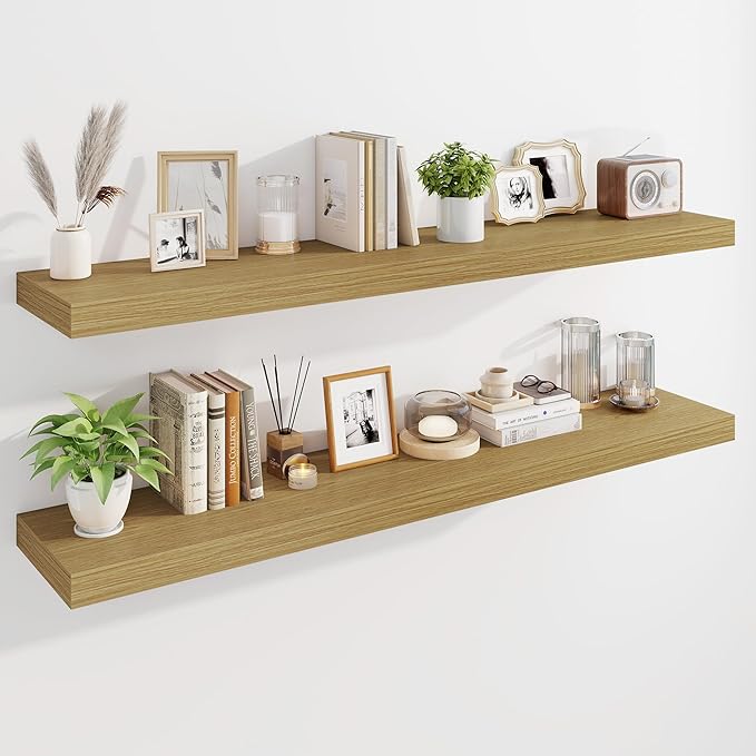 Marsmiles 55" Floating Shelves for Wall, Wooden Shelves with Invisible Brackets Set of 2, Rustic Farmhouse Wall Mounted Shelf for Kitchen Bathroom Living Room Study, Natural Oak