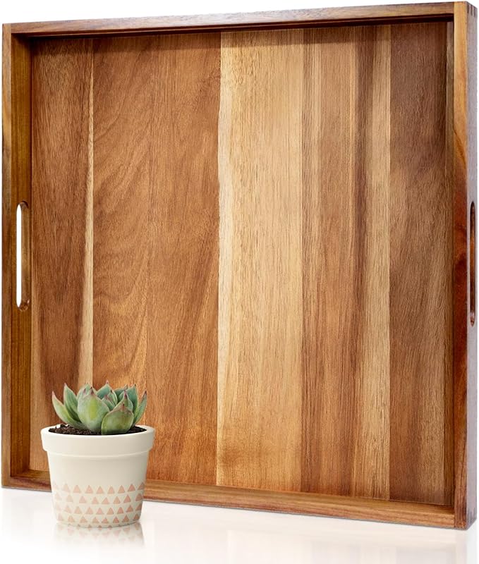 20 Inches Square Acacia Wood Ottoman Tray, Extra Large Wooden Serving Tray with Handles for Living Room, Serving Food Breakfast, Ottoman Coffee Table Couch Sofa Kitchen