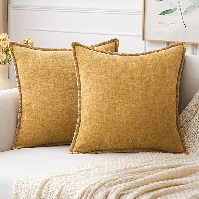 MIULEE Pack of 2 Couch Throw Pillow Covers 16x16 Inch Gold Farmhouse Decorative Pillow Covers with Stitched Edge Soft Chenille Solid Dyed Fall Pillow Covers for Sofa Bed Living Room