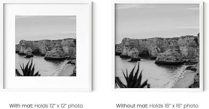 HAUS AND HUES 16x16 White Metal Picture Frames Matted to 12x12 - Features Premium Aluminum & Hanging Hardware, Shatterproof Plexiglass - Ideal for Home, Room, Office (16x16 in, White, Set of 9)