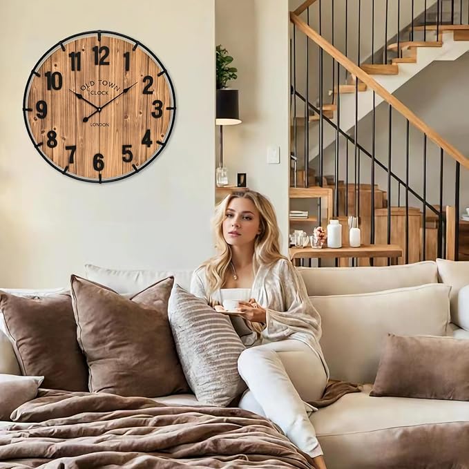 Large Old Town Farmhouse Wall Clock 20 Inches - Rustic Antique Wood with Metal Circle and Large Numerals Silent Battery Operated Wall Clock for Office Kitchen Bedroom Living Room