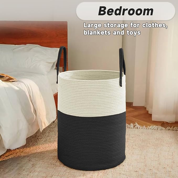 Large Woven Laundry Basket Hamper,100L Cotton Rope Storage Bin for Blankets,Toys and Clothes,Decorative Tall Nursery Hamper for Living Room,Baby Nursery,Bathroom and Bedroom,White and Black