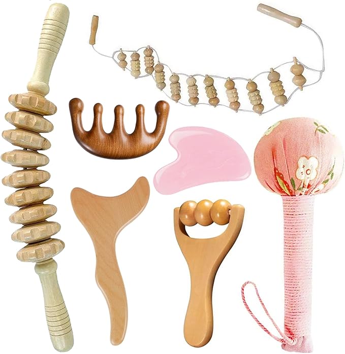 7-in-1 Lymphatic Drainage Massager Set，Wood Therapy & Cellulite Massager Tools for Gua Sha, Full Body Meridian Detox (Face/Head/Waist/Legs)，Maderotherapie Outils for Body Sculpting, lymphatic roller