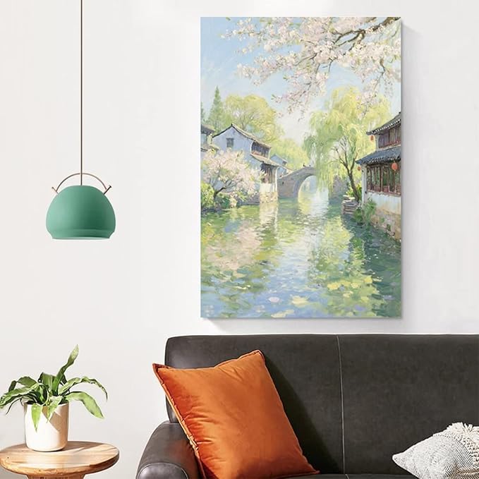 Small bridge stream house Jiangnan style landscape poster suitable for living room bedroom office natural oil painting poster