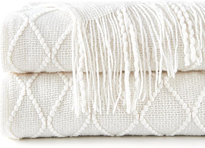 inhand Knitted Throw Blankets for Couch and Bed, Soft Cozy Knit Blanket with Tassel, Off White Lightweight Decorative Blankets and Throws, Farmhouse Warm Woven Blanket for Men and Women, 60"x80"