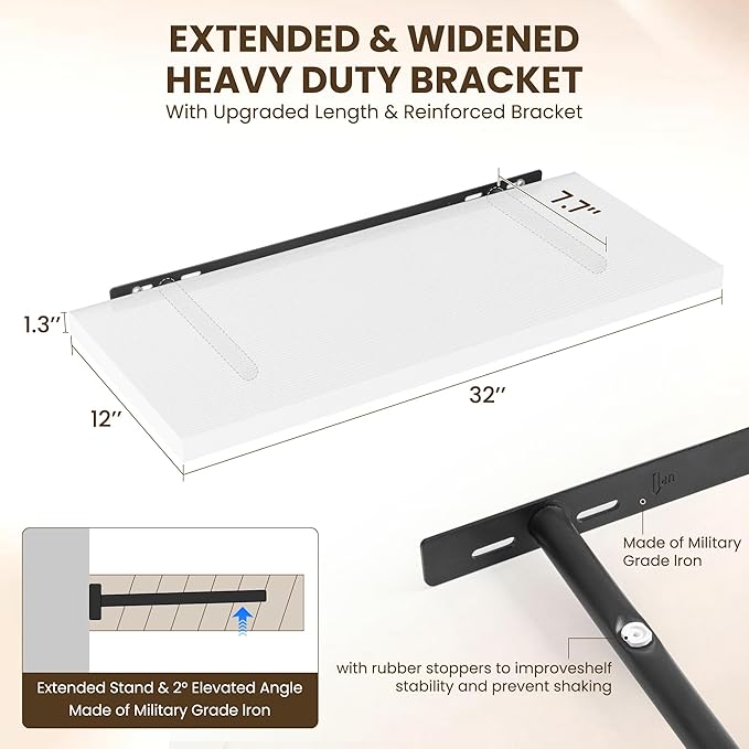 32" Floating Shelves for Wall, 12" Deep Slim White Floating Shelves, Wall-Mounted Shelves for Bedroom, Living Room, Kitchen, Bathroom - Set of 2