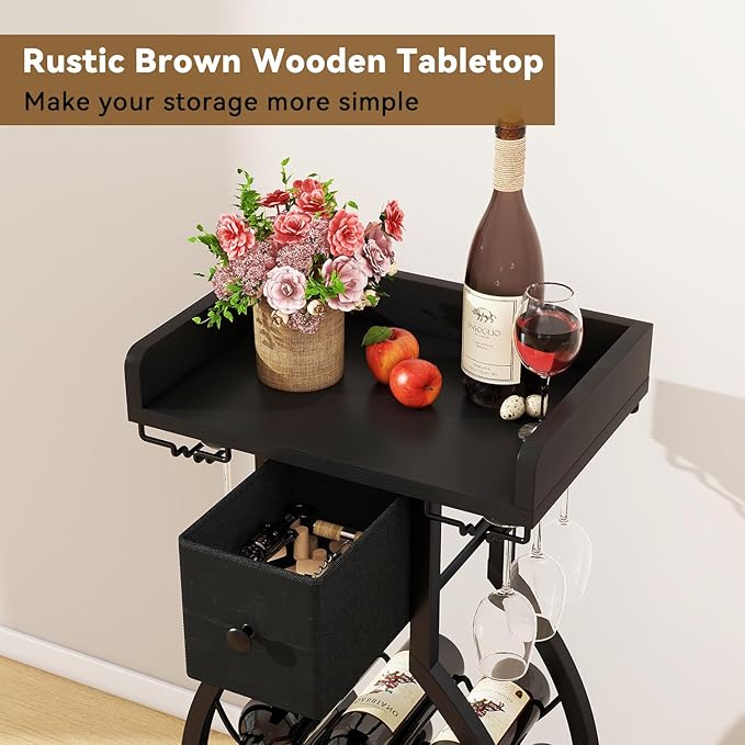 IBUYKE Wine Rack Freestanding Floor,Wine Storage 15 Bottles Bottle Rack with Glass Holders, Mini Bar Wine Cabinet with Storage Drawer for Home Bar Kitchen Dining Room,Black,UTMJ908B