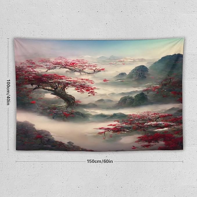 Japanese Tapestry, Red Plum Cherry Blossom Mountain, Asian Wall Art, Nature Landscape for Bedroom & Living Room Decor, 60"x40"
