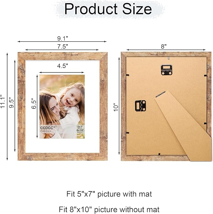 8x10 Picture Frame Set of 4, 8 x 10 Wood Photo Frames with Mat for 5x7, Natural Wooden Frame with Real Glass Cover for Wall and Tabletop Display,Brown