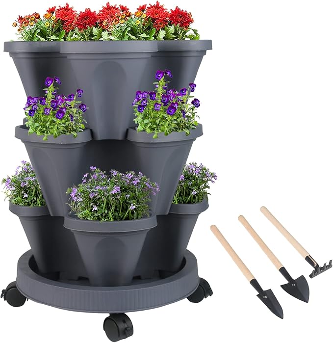 Vertical Planter 3 Tier Stackable Planters Garden Planters Strawberry Herb Flower and Vegetable Planter Indoor Outdoor Gardening Pots with Removable Wheels and Tools