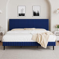 King Size Bed Frame and Headboard, Velvet Upholstered Platform Bed with Vertical Channel Tufted Headboard and Footboard, No Box Spring Required, Easy Assembly, Blue