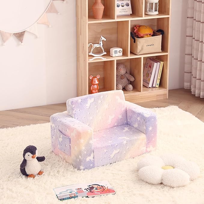 Toddler Chair Kids Couch, 2-in-1 Toddler Soft Sherpa Couch Fold Out Armchair with Removable Cover, Convertible Reading Chair Toddler Sofa for Kids, Glow in The Dark Purple Horse