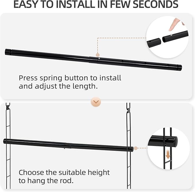 STORAGE MANIAC Hanging Closet Rod, Adjustable Width and Height Closet Hanging Organizer, Space-Saving Clothes Hanging Bar, Closet Extender Hanging Rod Double Closet Hanging Rod, 2 Pack Black
