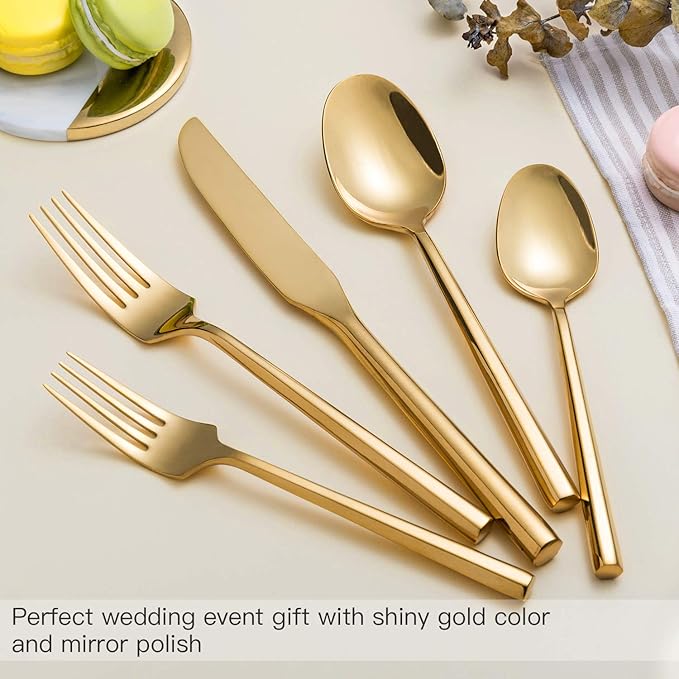 Gold Silverware Set Flatware Set Stainless Steel Cutlery Set Hexagon Handle Home Kitchen Daily Use 30 Pieces Service for 6