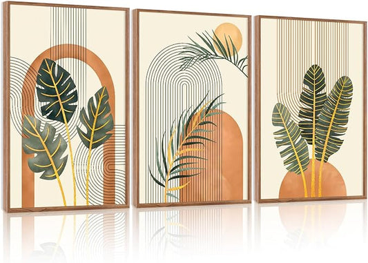 KAIRNE Boho Canvas Wall Art,Tropical Palm Leaf Wall Decor,Mid-Century Geometric Illustrations Set of 3(16”X24”),Abstract Line Pictures,Modern Botanical Prints for Living Room Bedroom Dining Room Decor