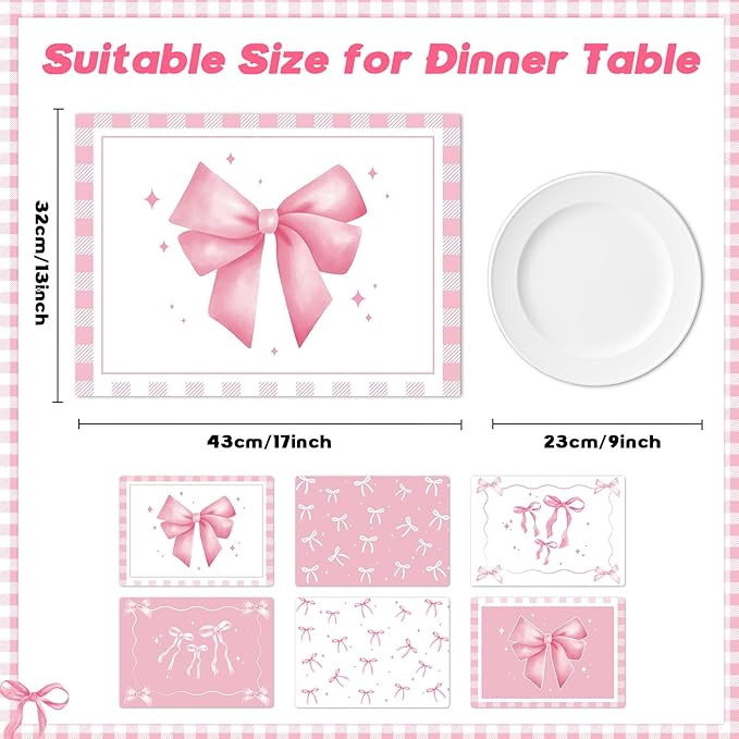 Pink Bow Plastic Place Set of 6 Cute Coquette Butterfly Bowknot Dinner Table Mats Pink Ribbon Bow Mats Wedding Baby Shower Birthday Table Decoration for Indoor Outdoor Party Kitchen Dining