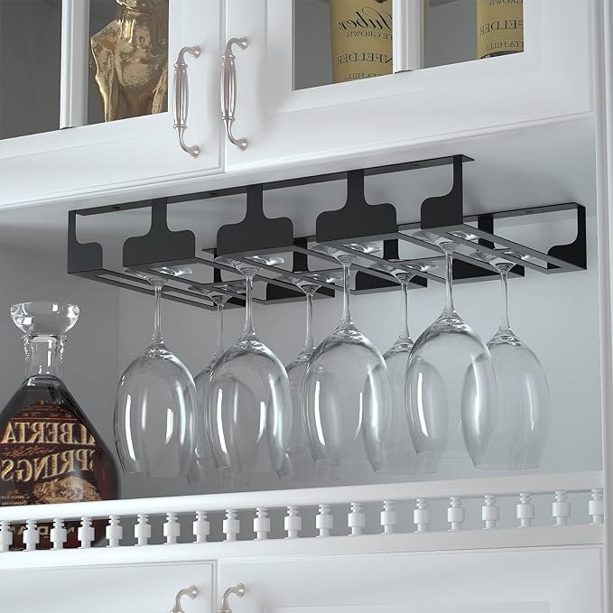Wine Glass Rack - Under Cabinet Stemware Wine Glass Holder Glasses Storage Hanger Metal Hanging Organizer for Bar Kitchen, Black 4 Rows 2 Packs