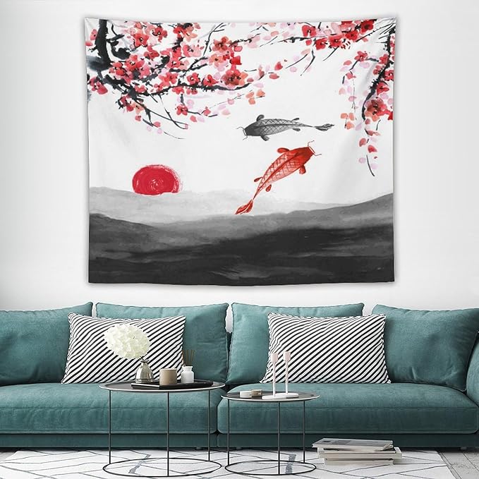 Houselerax Japanese Koi Fish Tapestries, Cherry Blossoms Asian Oriental Flower Branch Koi Fish Carp Tapestry Wall Hanging for Bedroom Living Room Office Decor 60"x50"