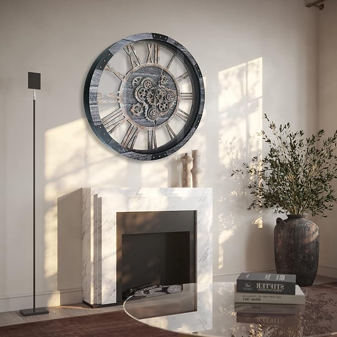 36 Inch Moving Gear Wall Clock, Oversized Wall Clocks, Clock Living Room Decor, Solid Wood Frame, Battery Operated, Large Wall Clock with Steampunk Industrial for Fireplace(Gray)