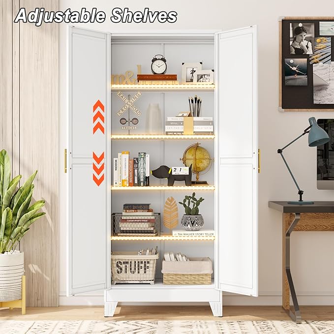 Metal Pantry Cabinet with 2 Doors and Adjustable Shelves - 71" Kitchen Storage Cabinet with Gold Handles - Versatile Storage for Kitchen, Bathroom, Dining Room, Utility Room - White