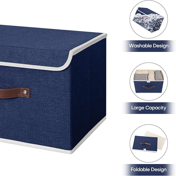 ANMINY Storage Bin with Lid Storage Boxes with PU Leather Handles PP Plastic Board Decorative Foldable Lidded Cotton Linen Fabric Home Cubes Baskets Closet Organizer Container - Blue, Large Size