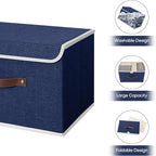 ANMINY 2PCS Storage Bins with Lid PU Leather Handles Storage Boxes PP Plastic Board Decorative Foldable Lidded Cotton Linen Fabric Home Cubes Baskets Closet Organizer Containers - Blue, Large Size