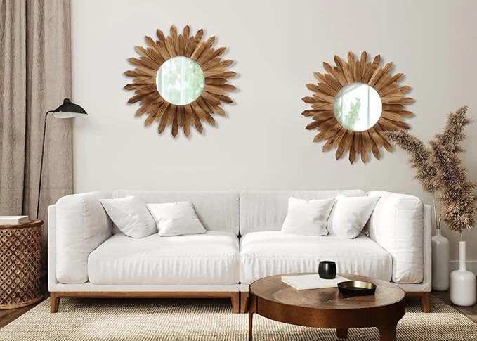 LOSOUR 2 Pack 22 Inch Boho Wall Sunburst Mirror Rustic Round Wood Decorative Mirror Boho Wall Art Decor for Entryway Bedroom Living Room