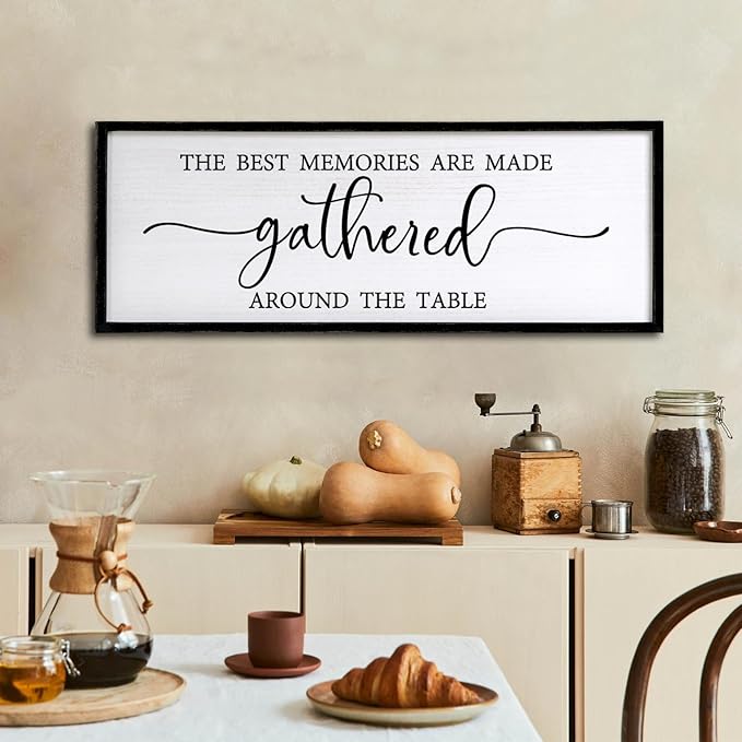 The Best Memories are Made Gathered Around The Table Sign Framed Wall Art, 40''×15'' Rustic Horizontal Plaque with Black Frame for Dinning Living Room, Long Home Family Wood Sign Wall Decor