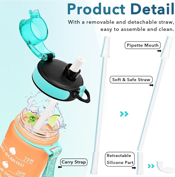 Enerbone Water Bottle, Leakproof BPA & Toxic Free, Motivational Water Bottle with Times to Drink and Straw, Fitness Sports Water Bottle with Strap for Office, Gym, Outdoor Sports