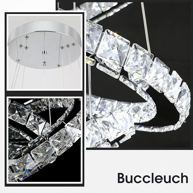 Buccleuch Modern Crystal Chandelier, Dimmable LED Pendant Light Fixture 3-Ring Adjustable Stainless Steel Ceiling Light, Silver Crystal Chandeliers for Dining Room, Bedroom, Living Room - ETL Listed