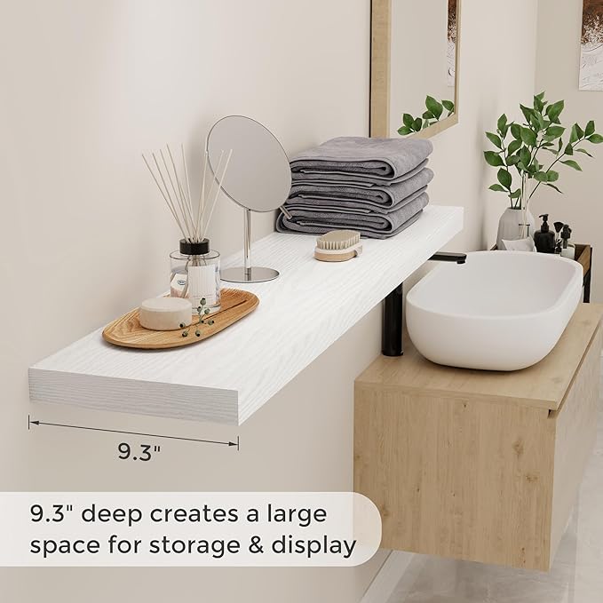 48 Inch Floating Shelves White, Rustic Wood Floating Shelf Wall Mounted, 9 Inch Deep Floating Shelf for Kitchen, Bedroom, 48 x 9 Wall Shelves for Home Storage, Set of 1