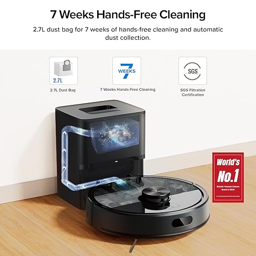 roborock Q7 M5+ Robot Vacuum and Mop, Upgraded from Q5 Max+, 7 Weeks Self-Emptying, 10000Pa Suction, Dual Anti-Tangle System, for Pet Hair & Carpet, PreciSense LiDAR Navigation, App Control, Black