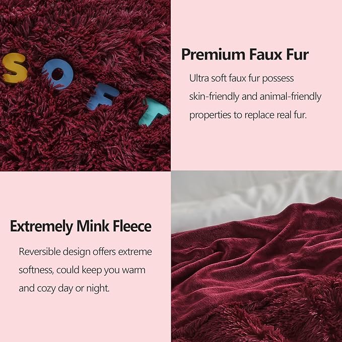 GONAAP Fuzzy Faux Fur Throw Blanket Twin Size Wine Red Super Soft Cozy Plush Fuzzy Shaggy Blanket for Couch Sofa Bed (Wine Red, Twin(60"x80"))