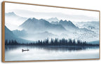 Indigo Framed Canvas Wall Art Misty Mountain Wall Pictures Foggy Lake Boat Canvas Painting Prints Forest Birds Canvas Wall Decor for Living Room Bedroom Decorations Framed 20" x 40" Natural