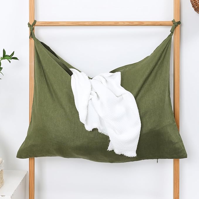 Hanging Linen Laundry Bag, 100% Pure Flax Linen Over The Door Hamper with Bottom Zipper for Laundry Room, Household Dirty Cloth Storage Organizer Bag, Army Green