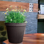 Elly Décor Set of 2 10 inch Round Saucer Modern Self Watering Planter Plates, Pots with Rattan-Like Finish, 10x10 Onix Gray