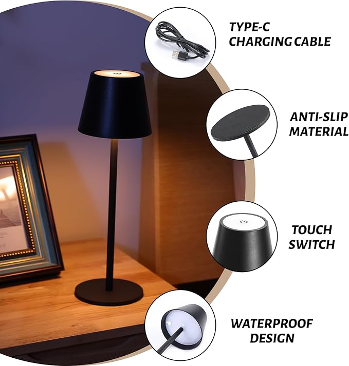 Maksone 2 Pack LED Cordless Table Lamp, 6600mWh Rechargeable Battery Desk Lamp, 3000K Stepless Dimming Night Light, IP54 Waterproof Metal Outdoor Portable Lamp for Restaurant, Patio (Black)