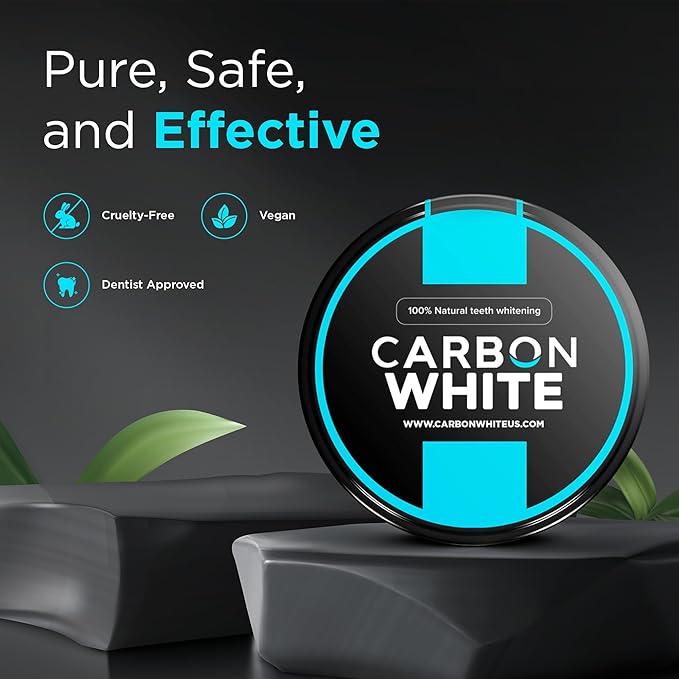 CARBON WHITE Teeth Whitening Powder - Natural Activated Coconut Charcoal Tooth Powder for Removing Stains & Discoloration - Helps Fight Tartar & Plaque, Freshens Breath - Tasteless, Odorless - 30g