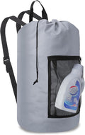 Laundry Bag Backpack Durable Laundry Bag with Shoulder Straps and Mesh Pockets Portable Laundry Dirty Clothes Hamper Bag for College Dorm (Gray)