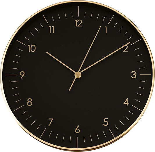 LUUK LIFESTYLE Modern Wall Clock with Silent Quartz Movement, Stylish & Functional, Decoration for Bedroom, 12 inch, in Black & Gold