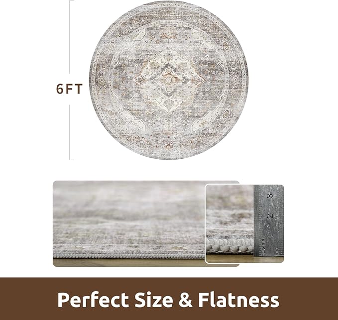 AMOAMI-6FT Round Rug-Rugs for Living Room-Vintage Soft Grey Rugs for Bedroom-Non Slip Circle Rug-Machine Washable Rug for Dining Room Living Room Bedroom Office Under Table