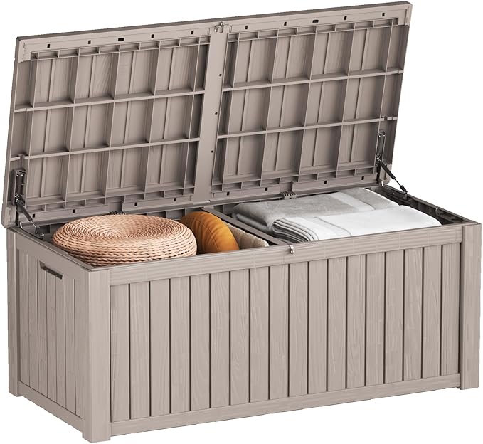 150 Gallon Double-Wall Resin Deck Box - Lockable Waterproof Outdoor Storage Box, 1000lbs Capacity & Doubles as Seating for Patio Furniture - Garden Tools, Pool Accessories (Brown)