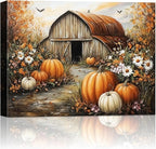 Autumn Pumpkin Barn Framed Wall Art Decor, Moody Fall Decor Rustic Country Landscape Picture Print for Farmhouse Decor,Thanksgiving Decorations Country Canvas Wall Art, Ready to Hang