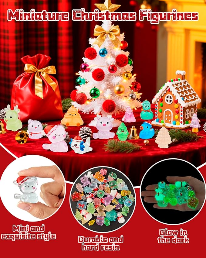 75 Pcs Miniature Christmas Figurines - Luminous Mini Resin Figures to Hide, Glow in The Dark Resin Animals for Micro Landscape Aquarium Fairy Garden Dollhouse Decor