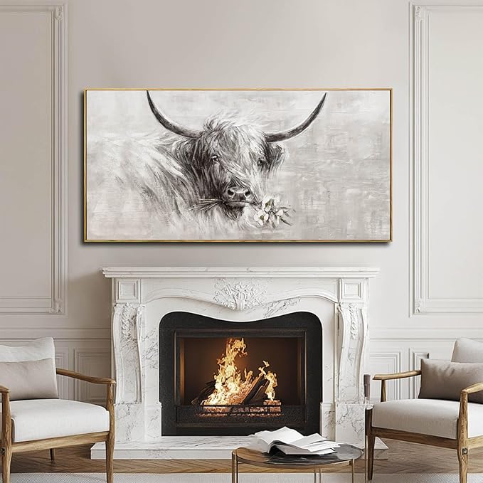 Farmhouse Decor Framed Wall Animal and Flower Artwork Grey Vintage Cow Wall Art with Frame for Living Room Bedroom Dining Room Office 29x58 Inch