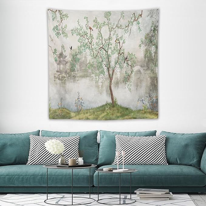 HZOHNAGO Japanese Tapestry Tree Misty Garden Lake Printed Wall Tapestry Ink Painting Wall Hanging for Bedroom Living Room Dorm 60" W x 60" H