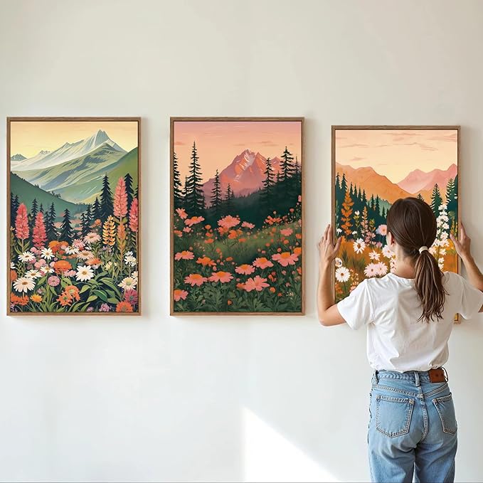 Tinonedraw Mountain Wildflower Framed Canvas Wall Art Set, Boho Mountains Landscape Wall Decor, Modern Floral Forest Scenery Artwork, Neutral Nature Art Prints for Living Room Bedroom Office 24"x36"x3