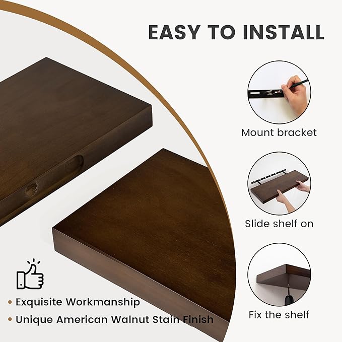 Floating Shelves 36 Inches Long - 8 Inch Deep Rustic Solid Pine Wood for Storage - Farmhouse Wall Mounted for Living Room - Heavy-Duty Metal Bracket - 36" W x 8" D - Set of 2 - American Walnut Color